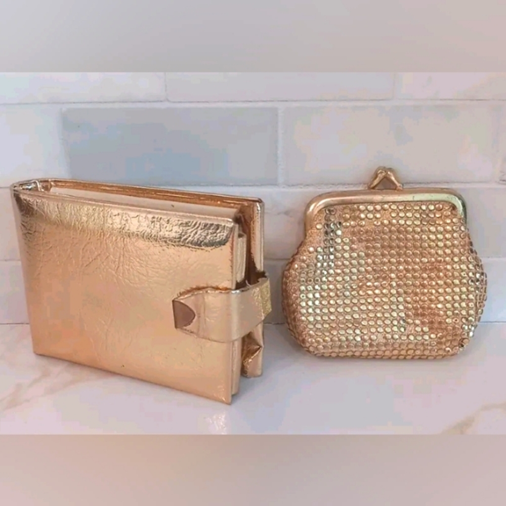 Vtg Metallic Gold Tone Wallet & Metal Mesh Coin Change Purse lot of 2